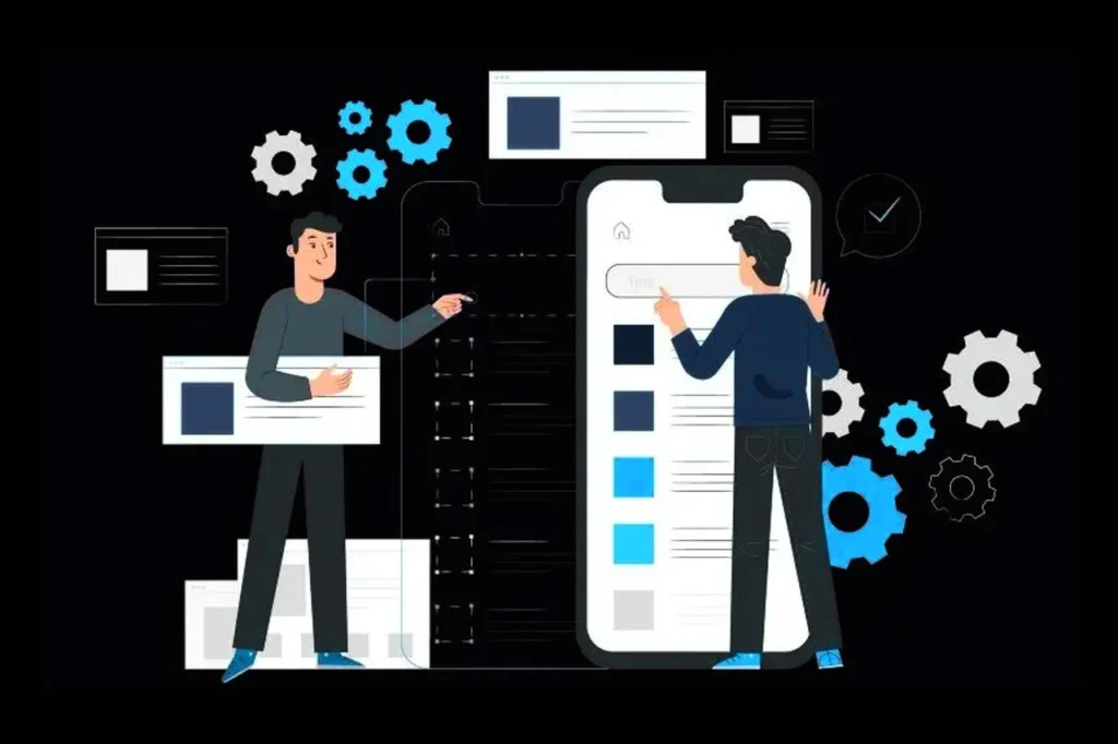 Illustration of two developers working on custom software solutions with gears and interface design elements symbolizing software development and optimization.