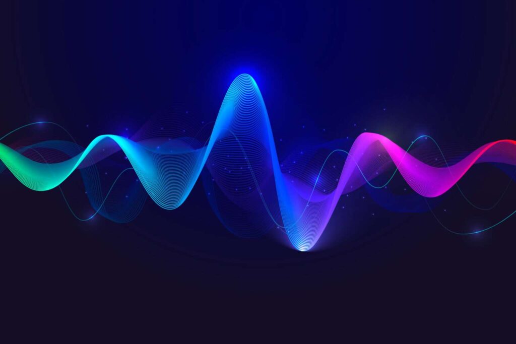 Abstract digital waveform representing natural language generation (NLG) concepts with vibrant blue and purple waves.