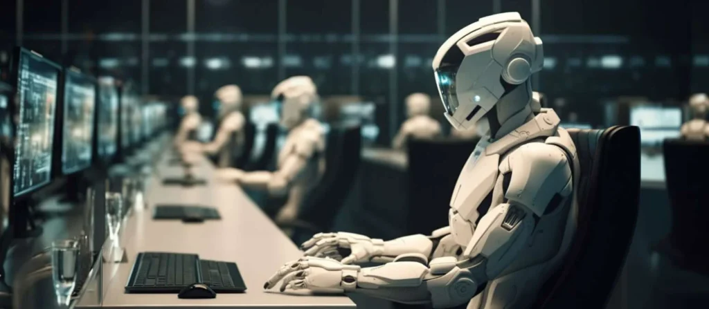 Row of humanoid robots working at computer desks in a futuristic office, symbolizing AI in customer service and automated operations.