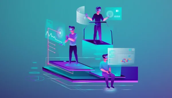 Illustration of AI development featuring a robot interacting with a laptop and digital devices.