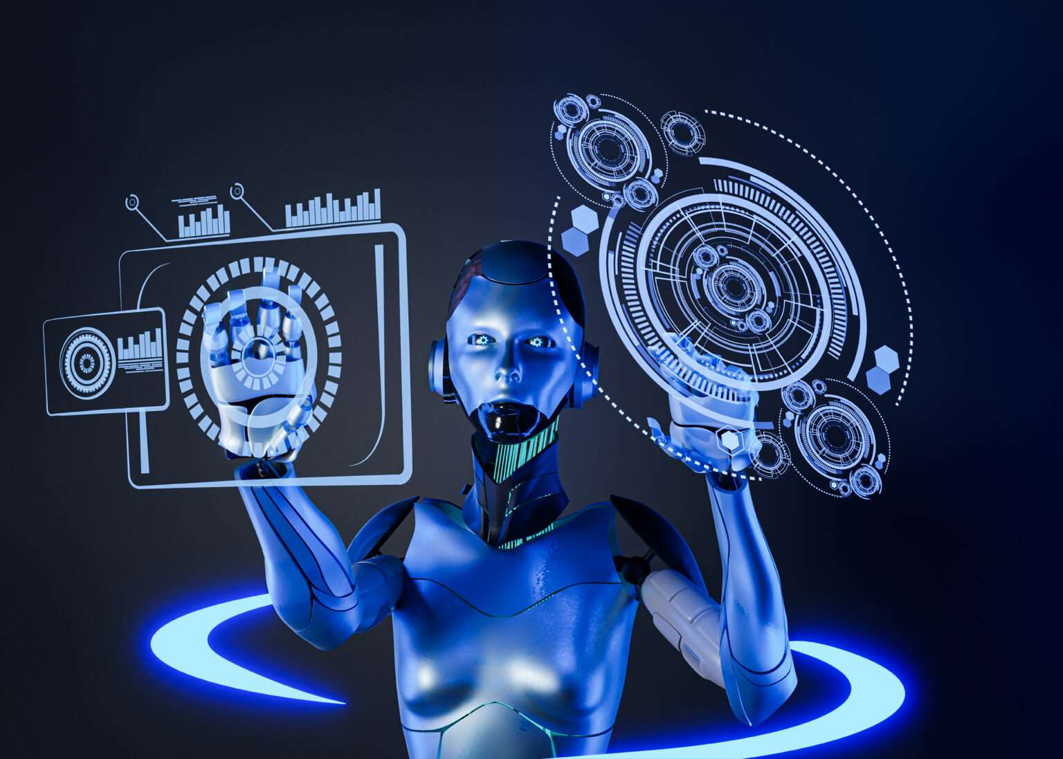 Futuristic humanoid robot interacting with virtual holographic interfaces featuring advanced data visualizations and analytics.