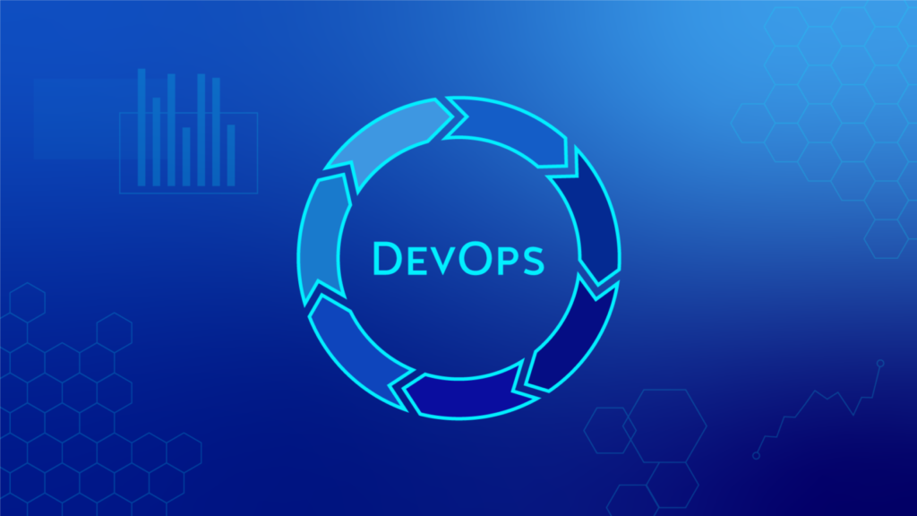 DevOps lifecycle represented with a circular flow diagram on a blue background, symbolizing continuous integration and delivery.