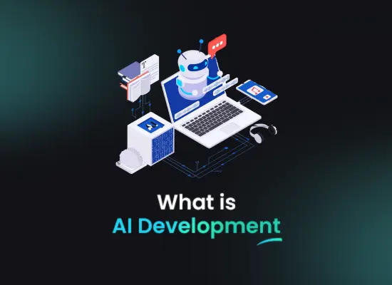 Illustration of AI development featuring a robot interacting with a laptop and digital devices.