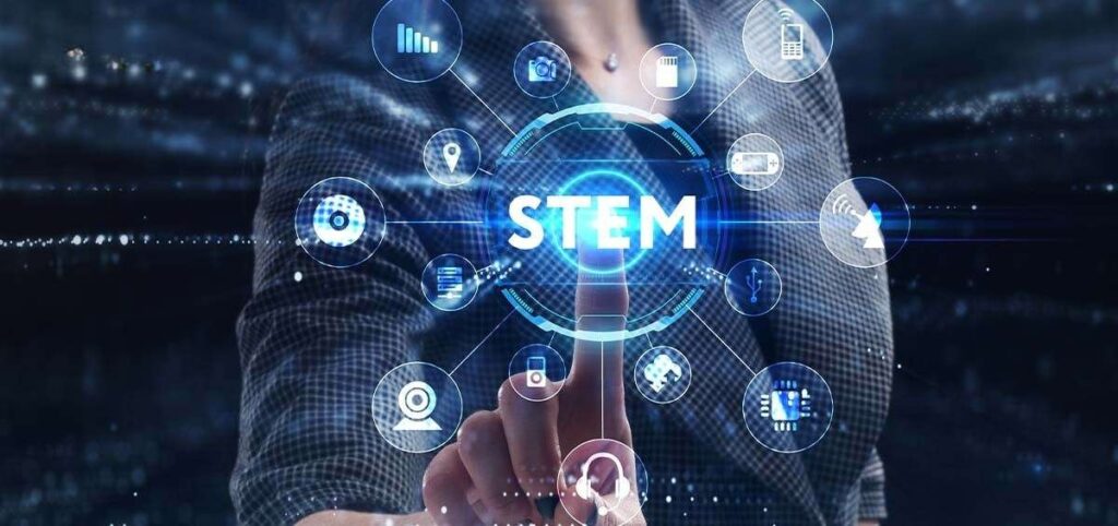 A person interacting with a futuristic digital interface highlighting STEM (Science, Technology, Engineering, and Mathematics) concepts and technologies.