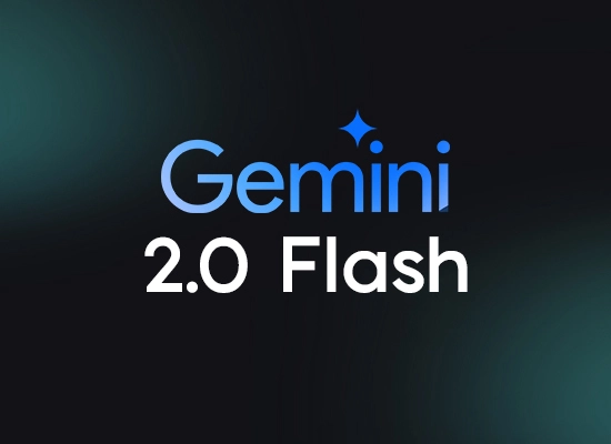 Gemini 2.0 Flash logo with a sleek dark background, featuring a blue gradient text and a sparkle icon.