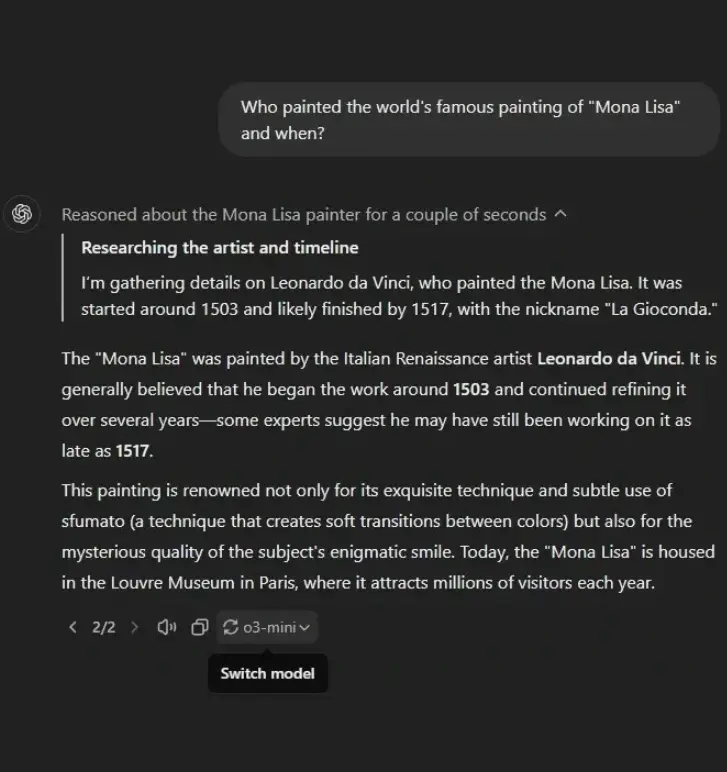 ChatGPT o3-mini response to a question about the Mona Lisa painting and its artist.
