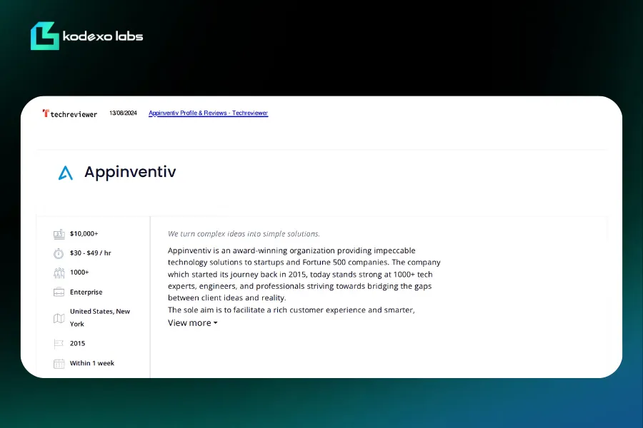 Appinventiv Techreviewer profile highlighting award-winning enterprise software solutions in New York