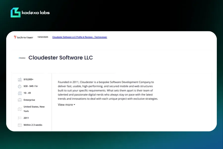 Cloudester Software LLC Techreviewer profile highlighting secure mobile and web development services in New York
