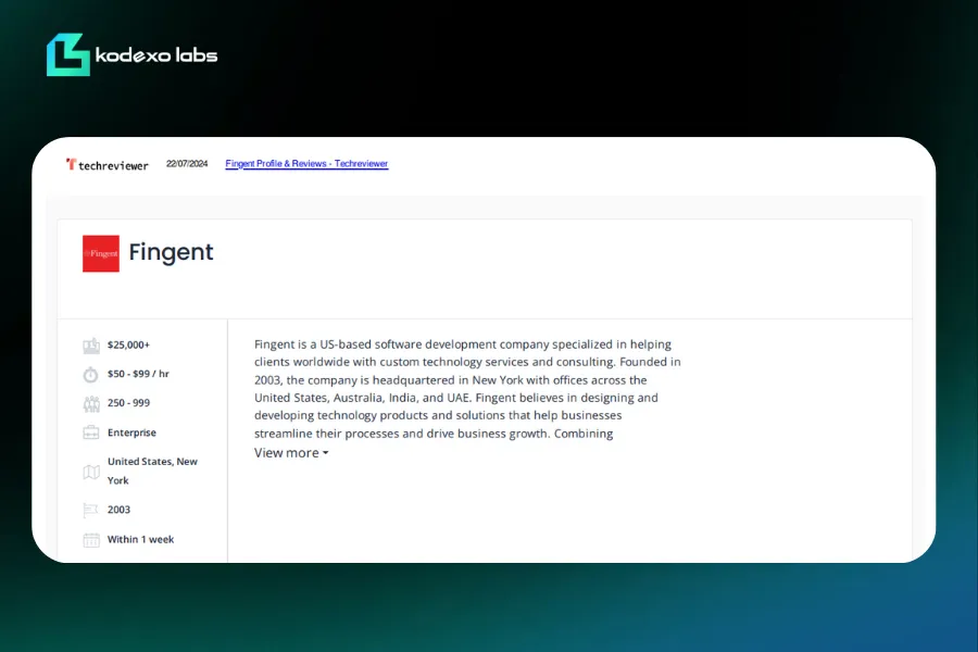 Fingent Techreviewer listing for custom software development services in New York