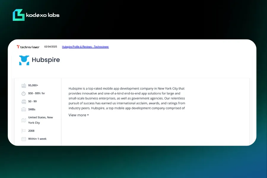 Hubspire Techreviewer listing showcasing mobile app development services in New York City