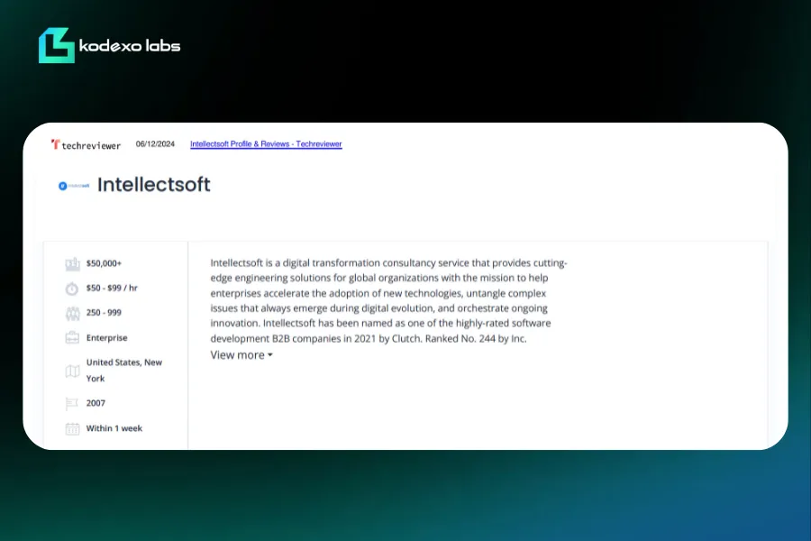 Intellectsoft profile on Techreviewer showcasing enterprise software development services in New York