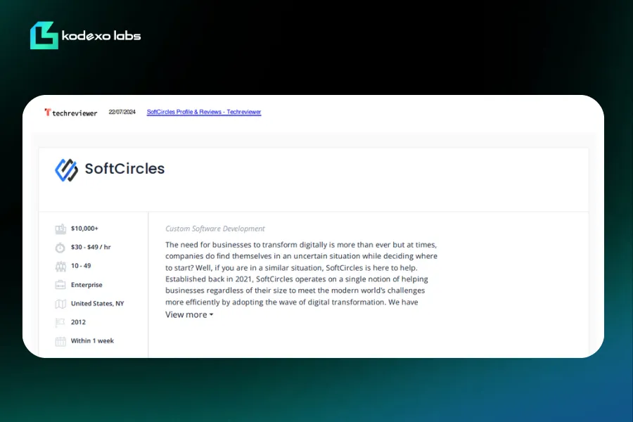 SoftCircles Techreviewer profile highlighting digital transformation and custom software development services in New York