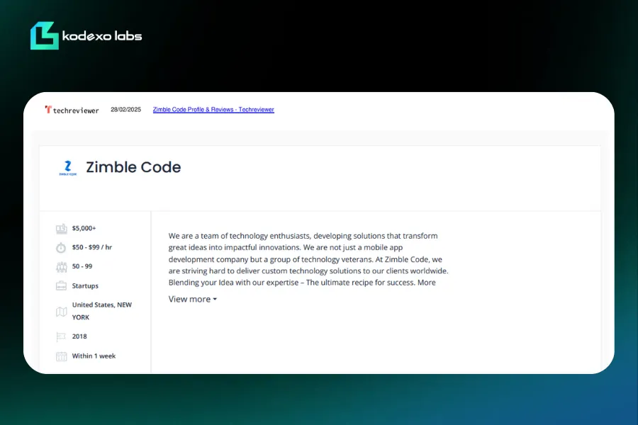 Zimble Code Techreviewer profile highlighting custom mobile app and technology solutions for startups in New York