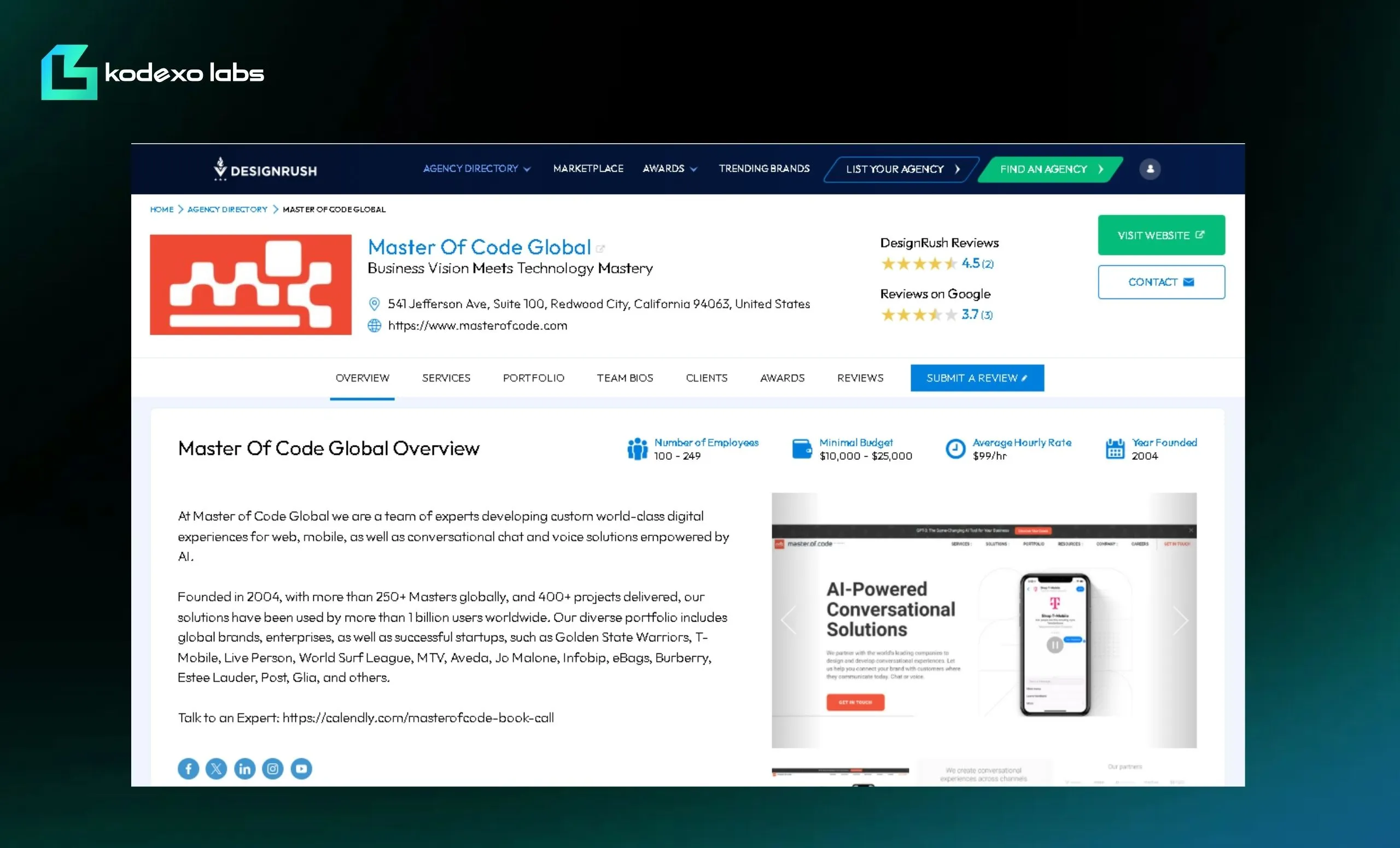 A webpage showcasing the profile of Master Of Code Global on DesignRush, displaying company details such as services, reviews, and contact information.