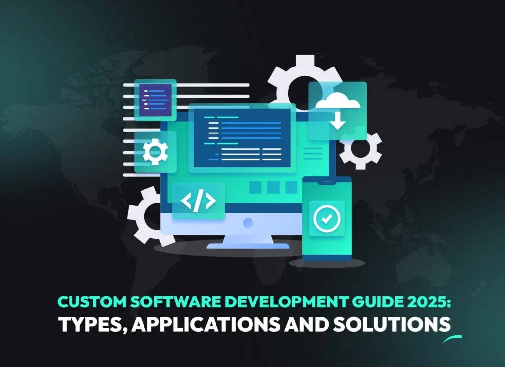 Illustration of software development tools, desktop and mobile interfaces, gears and cloud icons representing custom software development processes and technologies.