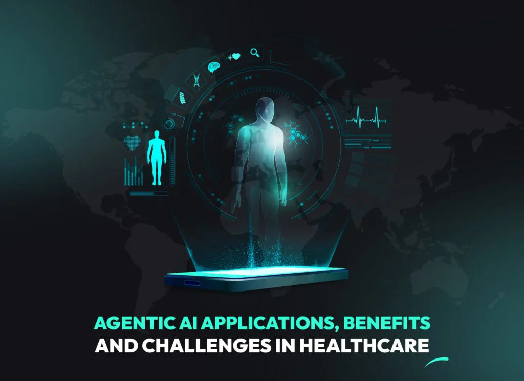 Futuristic holographic patient with medical icons, representing agentic AI applications in healthcare, their benefits and key challenges.
