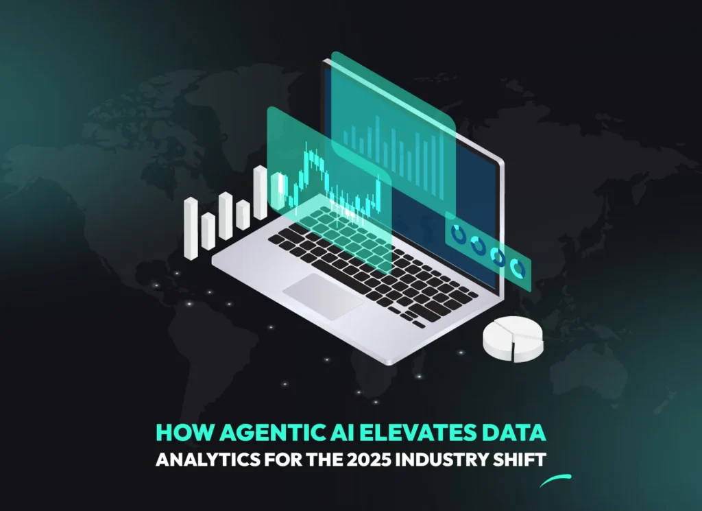 A laptop with charts and graphs illustrating agentic AI in data analytics, showing how AI agents for decision-making transform data-driven insights in 2025.