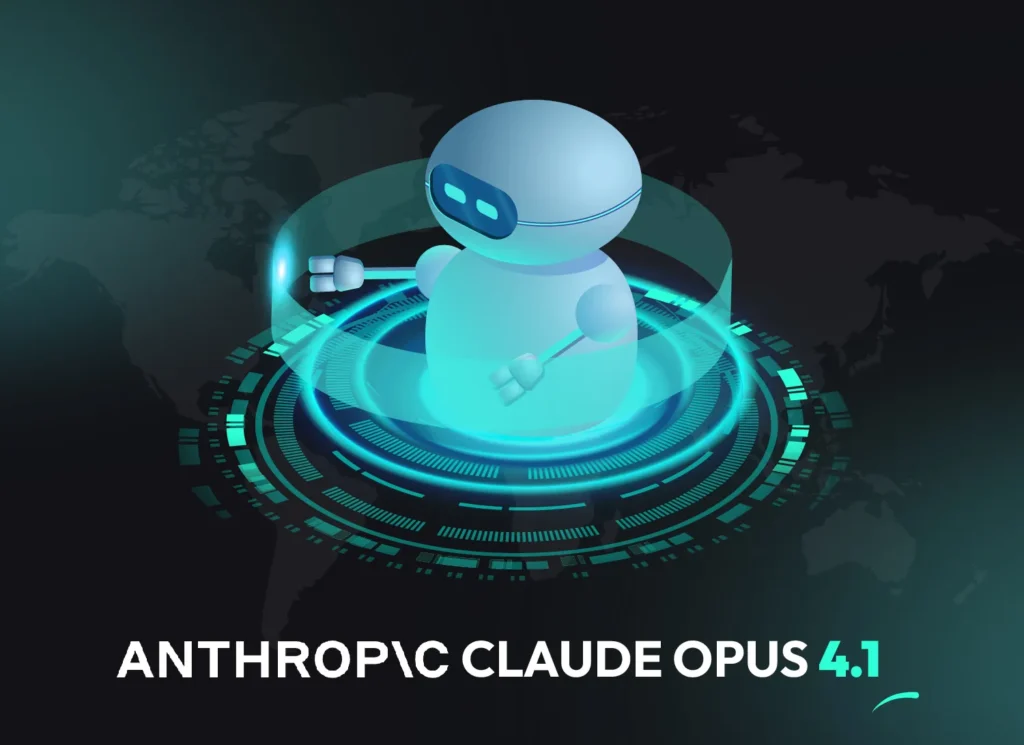3D illustration of a friendly blue robot surrounded by a glowing digital interface, representing Anthropic Claude Opus 4.1 AI technology.