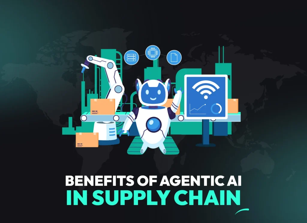 Agentic AI supply chain applications with AI agents optimizing inventory, predictive analytics and disruption management for smarter supply chain operations.