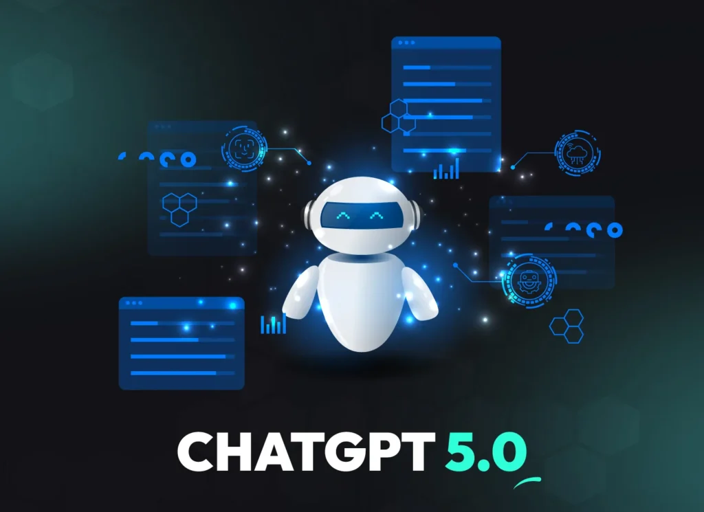 Futuristic robot with blue glowing face and tech icons, labeled CHATGPT 5.0