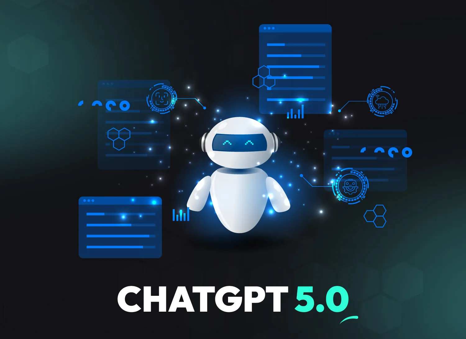 Futuristic robot with blue glowing face and tech icons, labeled CHATGPT 5.0