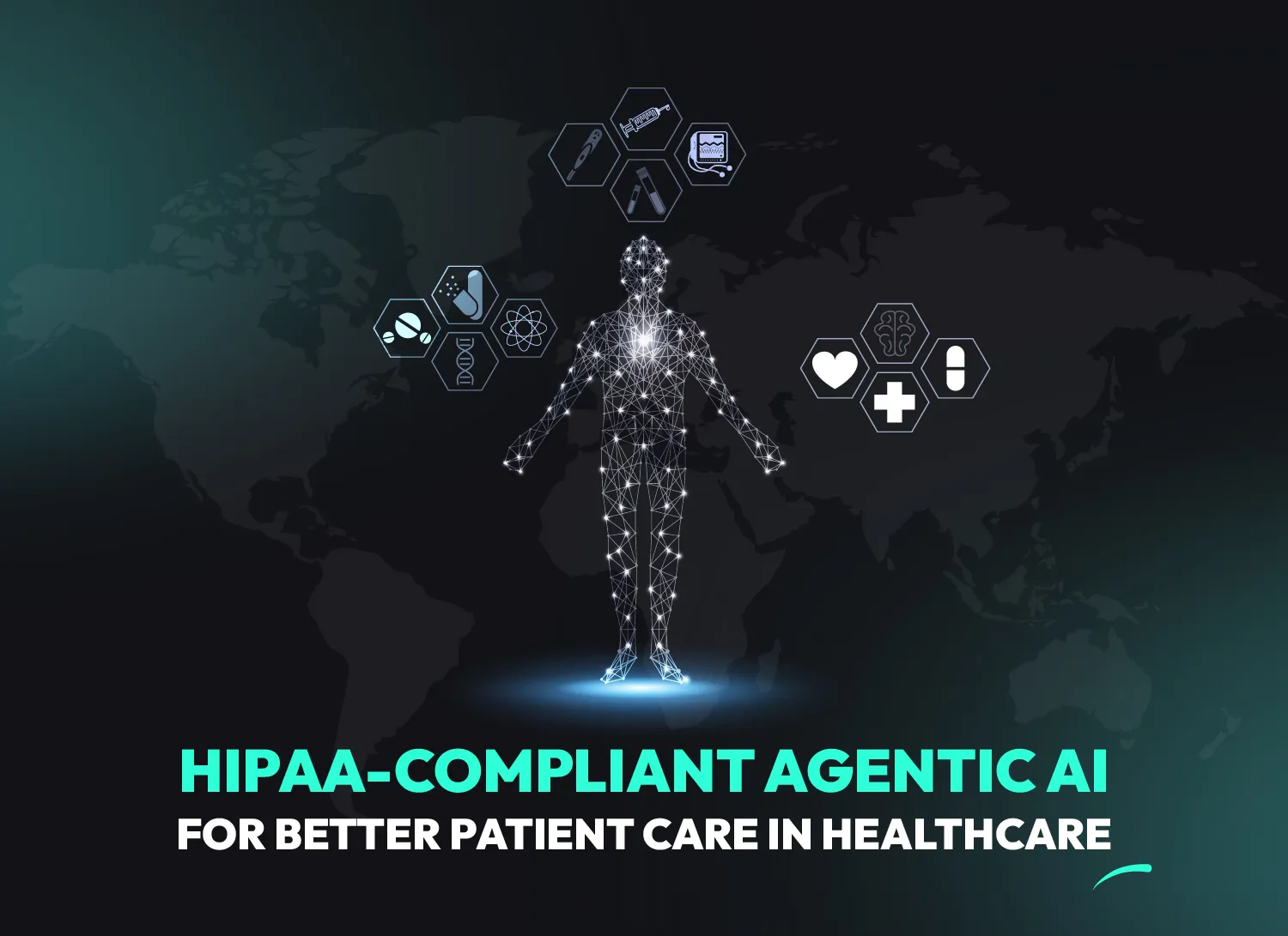 HIPAA-compliant agentic AI illustration showing healthcare technology icons for patient-centered care, AI for patient care and HIPAA-compliant healthcare solutions.