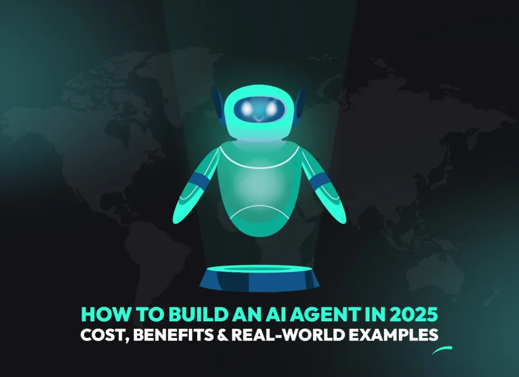 A glowing 3D AI agent robot hovering on a digital platform, representing futuristic AI agent builders, no-code AI tools and autonomous decision-making in 2025.