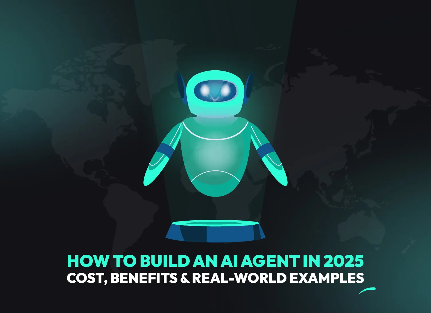 A glowing 3D AI agent robot hovering on a digital platform, representing futuristic AI agent builders, no-code AI tools and autonomous decision-making in 2025.