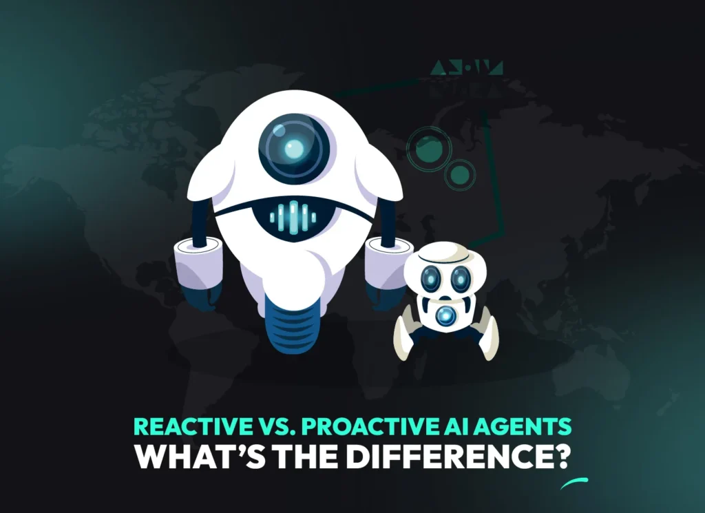 Illustration of two AI agents representing the difference between proactive AI agents and reactive AI agents, emphasizing the concept of proactive vs reactive behavior in artificial intelligence.