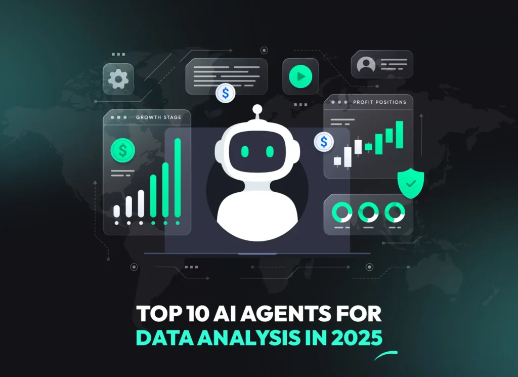 AI data analysis agent illustration showing growth charts and analytics, Top 10 agentic AI platforms for data analysis in 2025