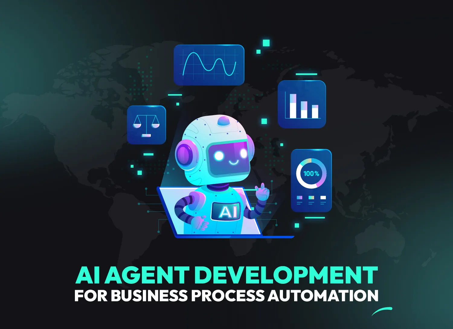 AI agent development illustration showing a robot analyzing data charts for business process automation, ideal for enterprises looking to develop AI agents and leverage agentic AI development for workflow automation.