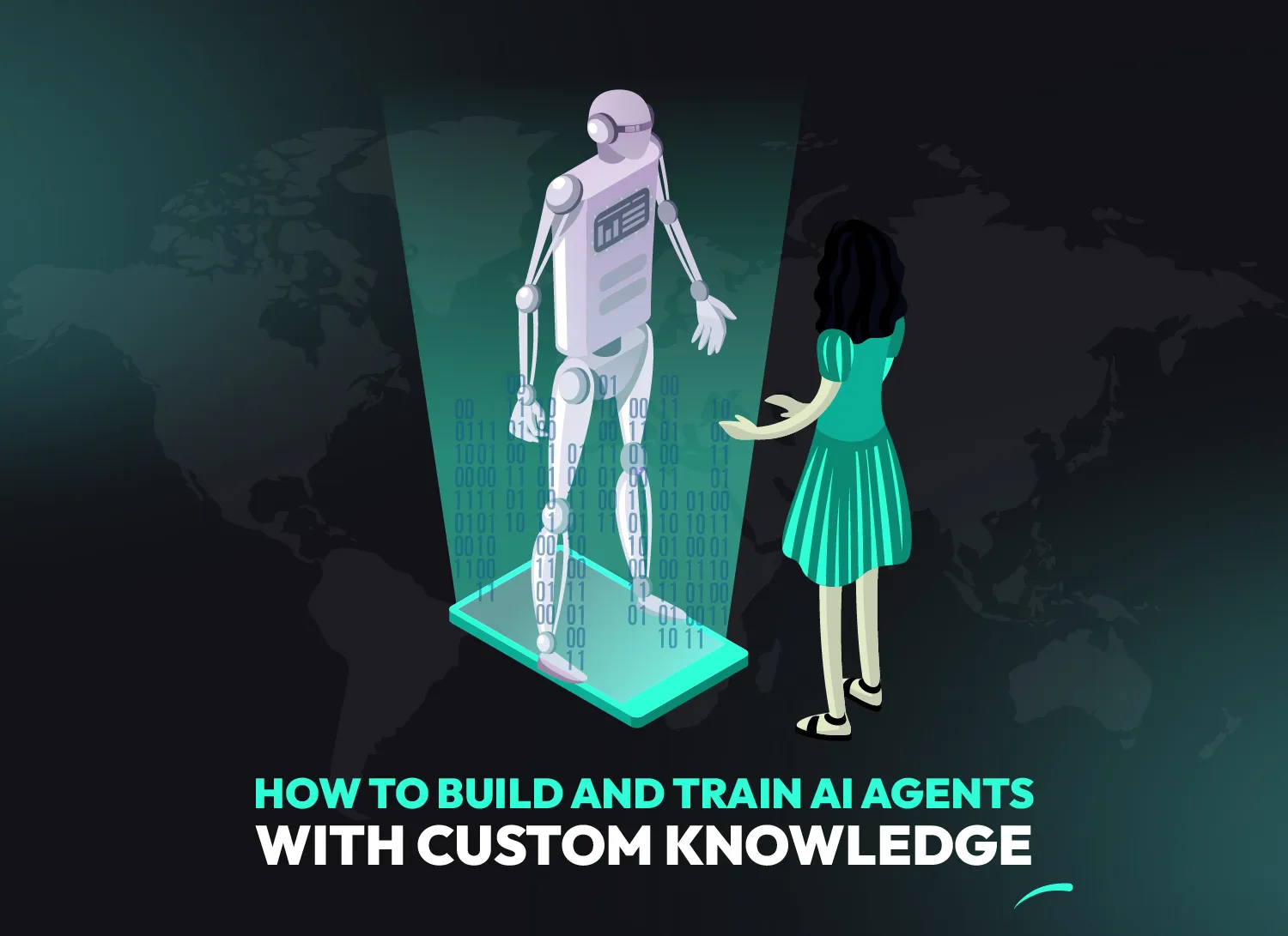 Illustration of a business professional interacting with a holographic robot, representing how to build and train custom-trained AI agents using proprietary knowledge for enterprise automation.
