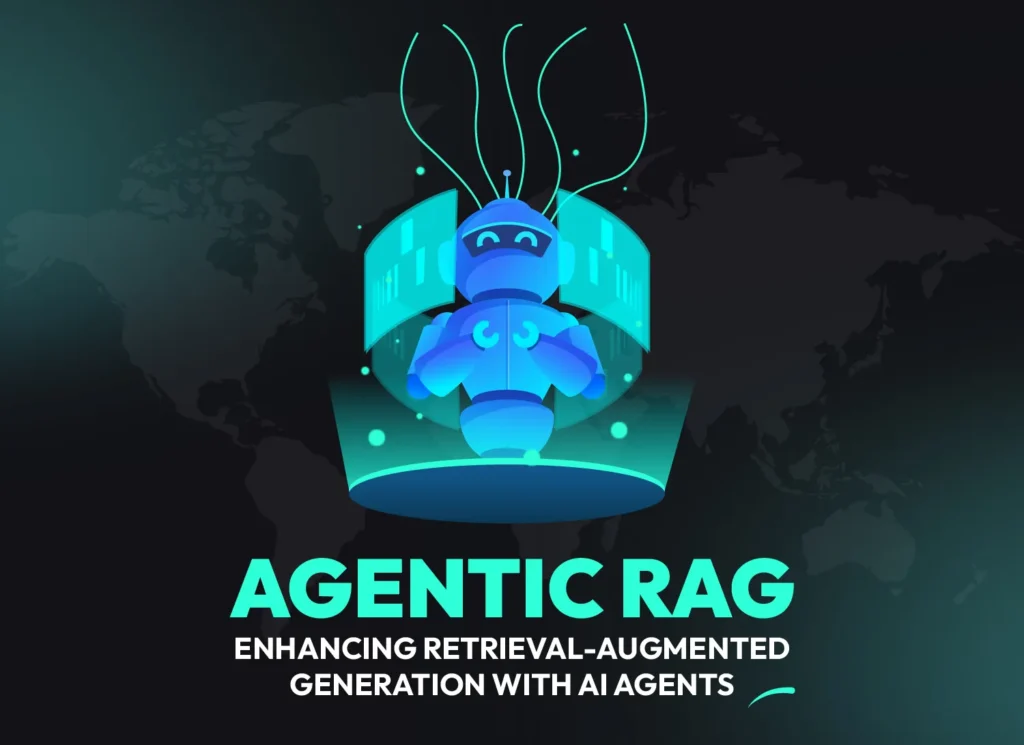 Illustration of an AI agent enhancing retrieval-augmented generation (RAG) with autonomous decision-making, representing Agentic AI with RAG to improve accuracy and performance.