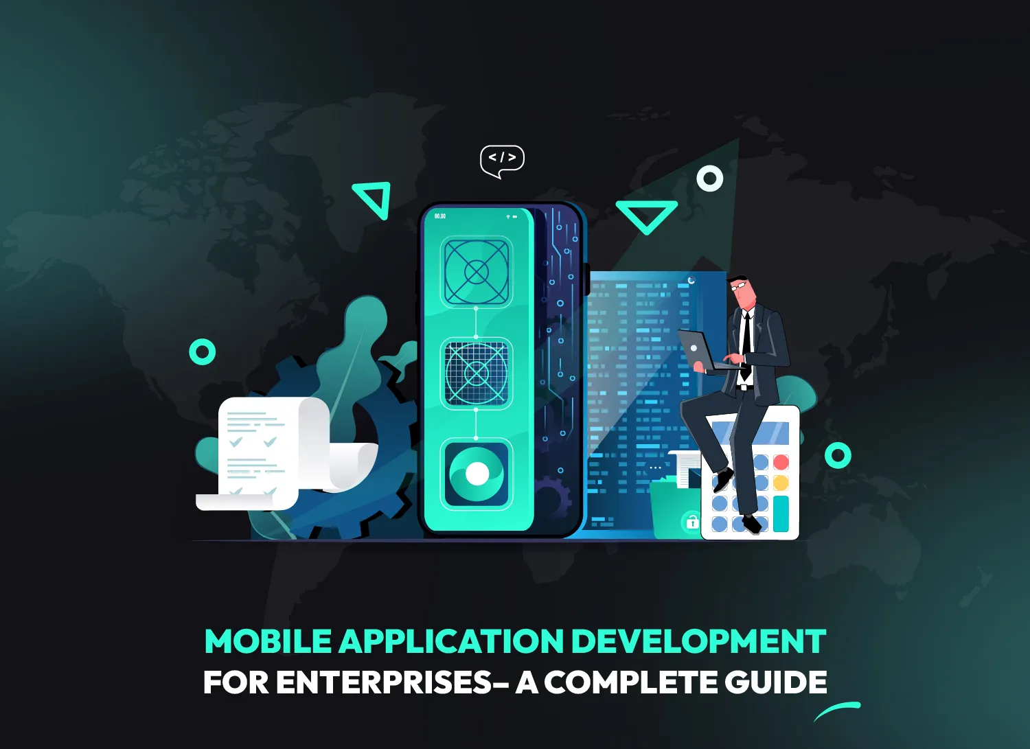 Illustration of enterprise mobile app development process showing smartphone interface, gears and business professional with laptop, representing mobile app development for enterprises and digital transformation.