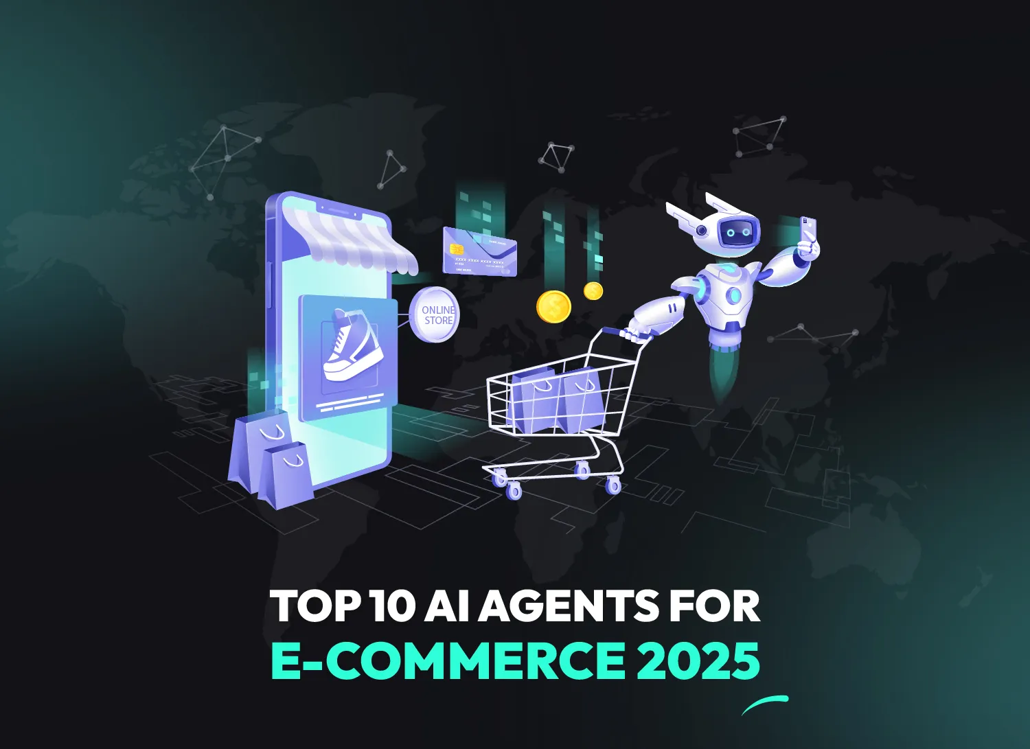 Illustration of an AI agent for e-commerce showing a robot assistant with a shopping cart, mobile online store and digital payments, representing the top AI agents for e-commerce 2025 including agentic AI in e-commerce, AI voice agents and custom e-commerce AI automation.