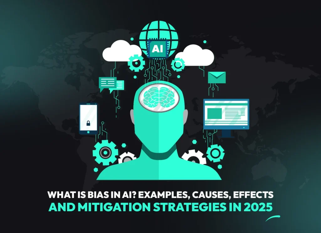 Illustration showing artificial intelligence bias with gears, cloud computing, and human head concept  representing bias in AI, AI bias in healthcare and mitigation strategies in 2025.