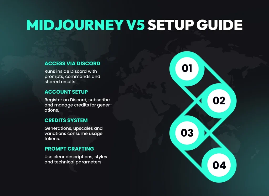 MidJourney V5 setup guide infographic showing four steps: access via Discord, account setup, credits system and prompt crafting for AI image generation.