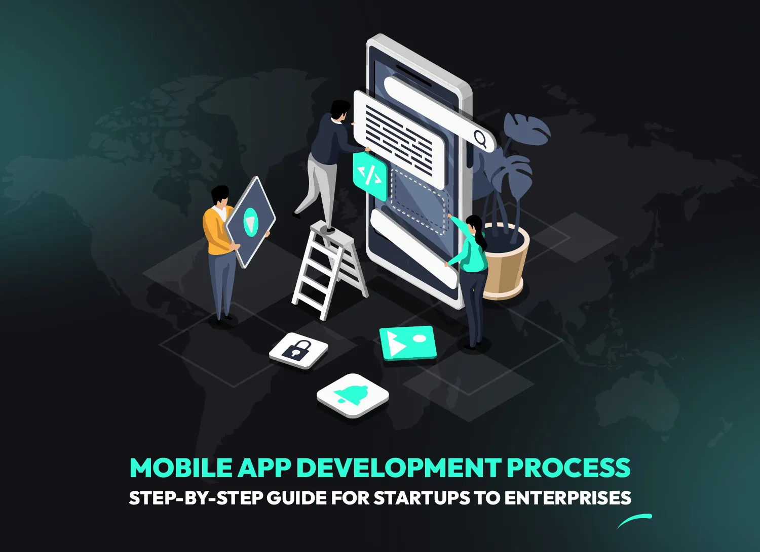 Illustration of mobile app developers building a mobile app interface, representing the mobile app development process step by step for startups and enterprises.