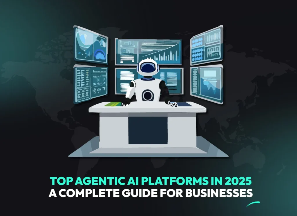 Robot sitting at a control desk with multiple screens, symbolizing top agentic AI platforms in 2025 for businesses, automation and AI agent creation platforms.