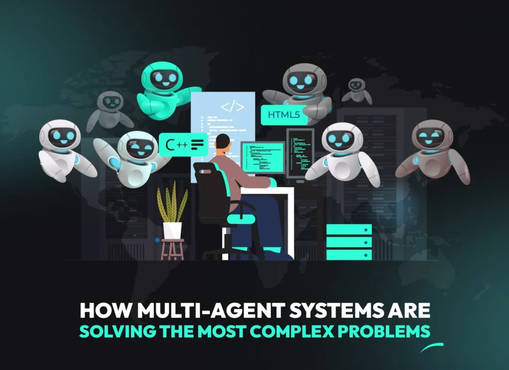 A developer collaborating with AI agents running C++, HTML5, and data automation tasks, representing multi-agent systems, scalable AI communication networks and distributed problem-solving.