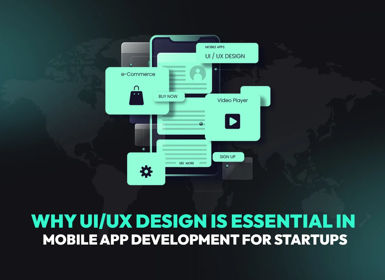 Mobile app UI/UX design for startups showing app screens and elements.