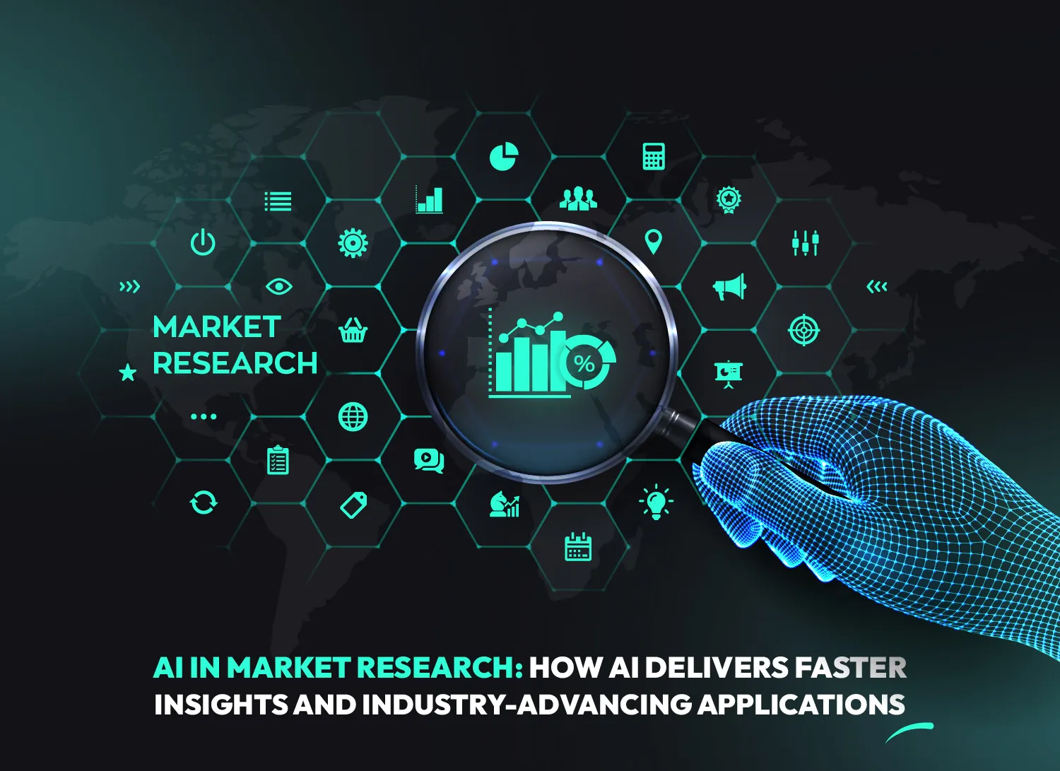 AI in market research visual with data icons and magnifying glass.