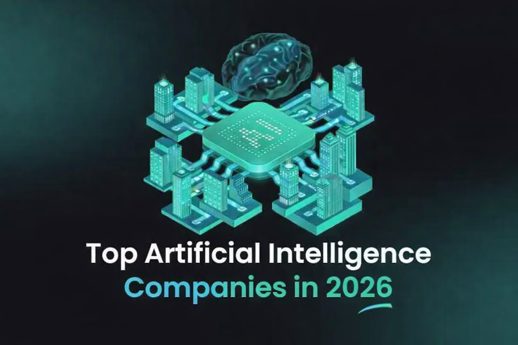 Top AI development companies in 2026 — isometric illustration of AI-powered city infrastructure