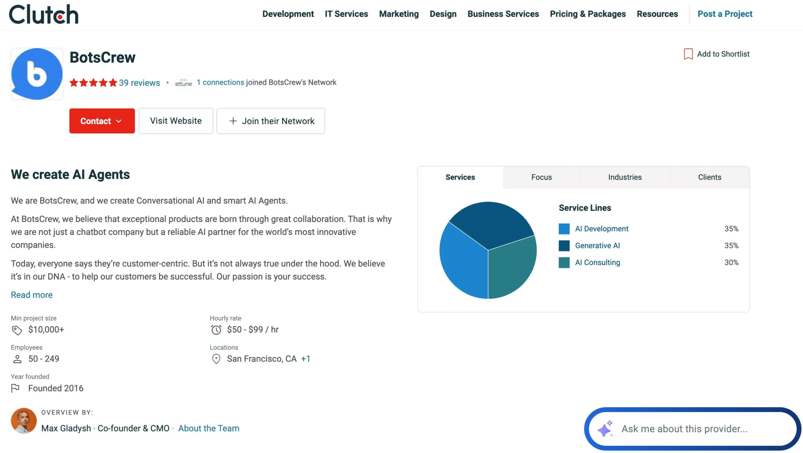 BotsCrew Clutch profile AI chatbot development company conversational AI agents and chatbot solutions provider