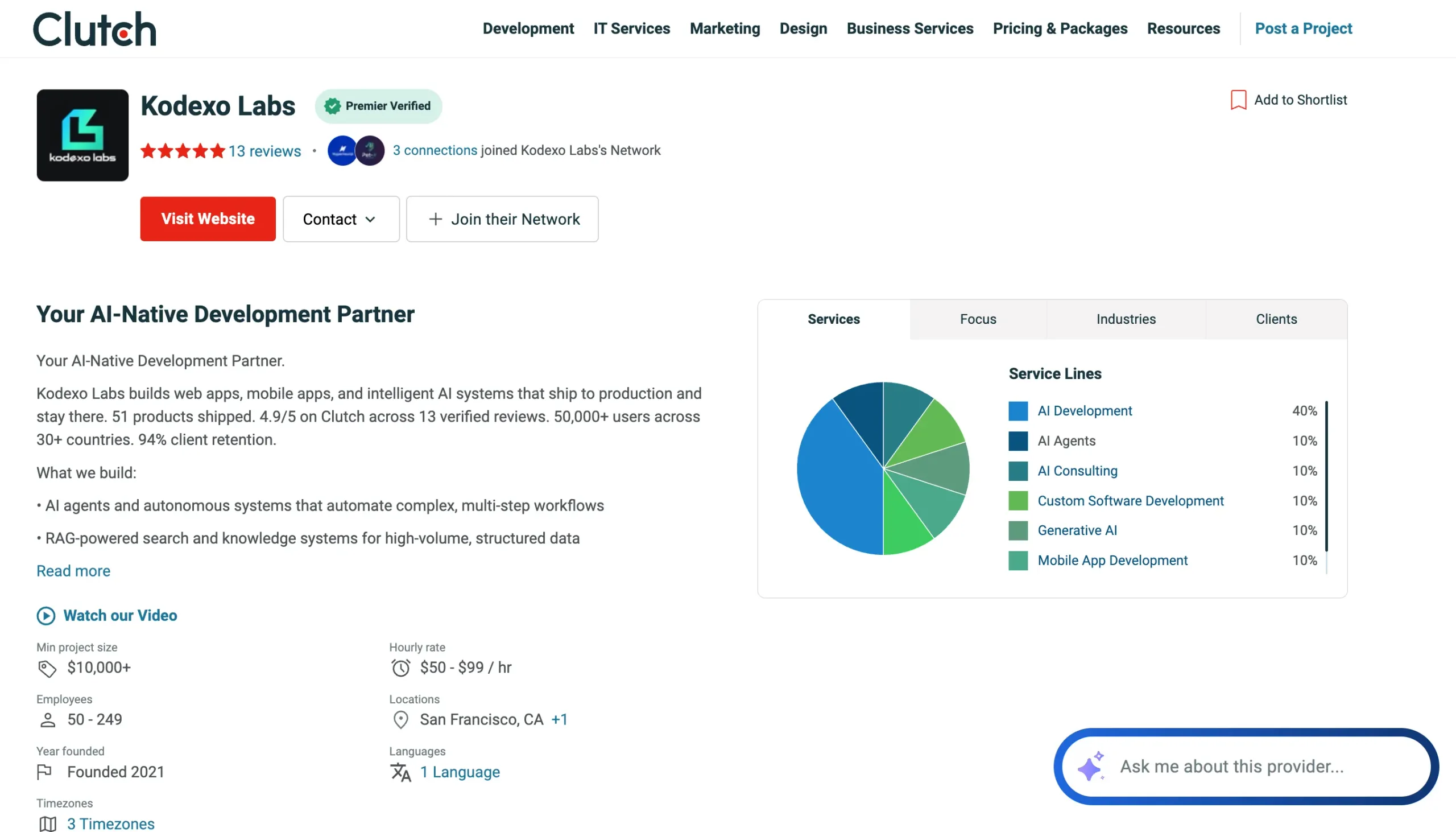 Kodexo Labs Clutch profile AI chatbot development services intelligent automation and AI agent solutions
