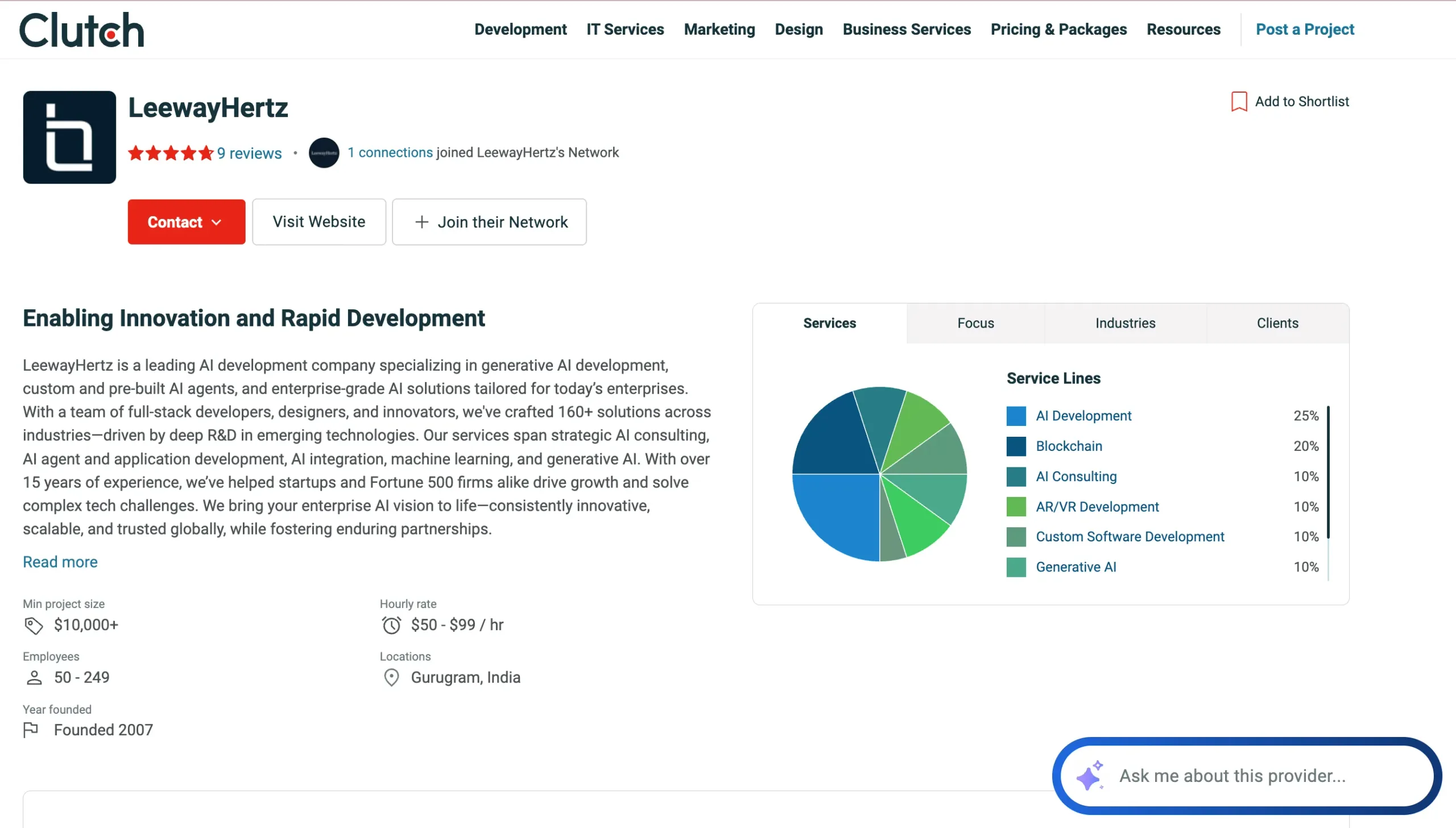 LeewayHertz Clutch profile showcasing enterprise generative AI development services and AI consulting expertise