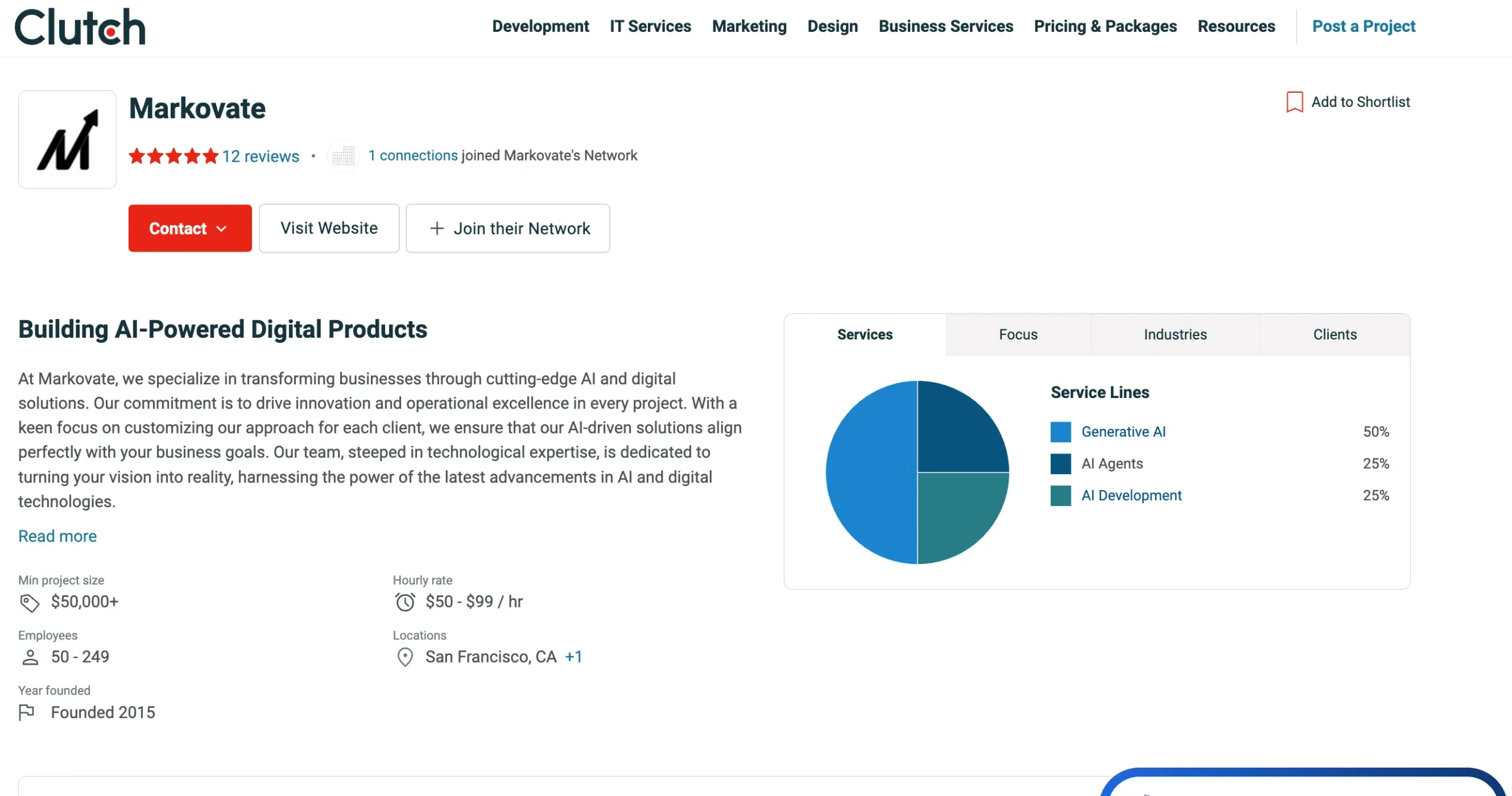 Markovate Clutch profile showcasing generative AI app development and AI agent solutions for startups